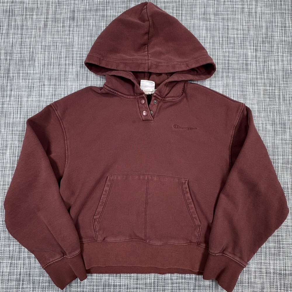 Champion Hoodie Womens Medium Brown Snap Neck Fleece Cotton Blend Embroidered